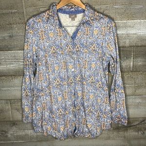 J Jill multi color printed button up lightweight shirt